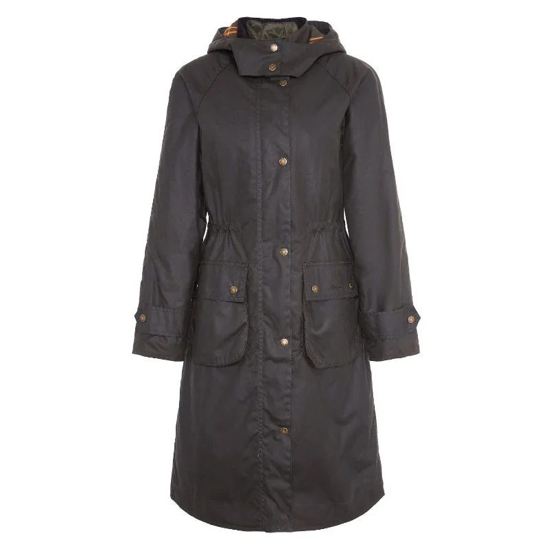 Women's cropped leather coats with silver studs for an edgy lookBarbour Long Cannich Ladies Wax Coat - Olive/Classic Women's cropped leather coats with silver studs for an edgy lookBarbour Long Cannich Ladies Wax Coat - Olive/Classic