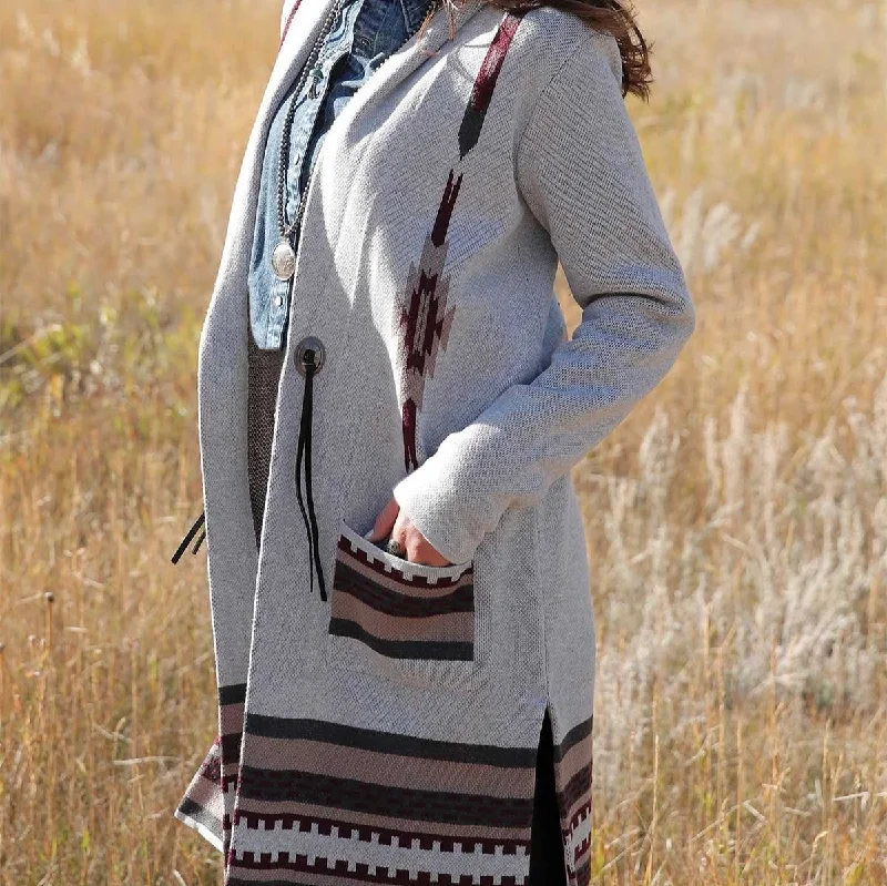 hand knitted women cardigan with artisanal charmCruel Women's Southwestern Knitted Duster in Gray & Burgundy hand knitted women cardigan with artisanal charmCruel Women's Southwestern Knitted Duster in Gray & Burgundy
