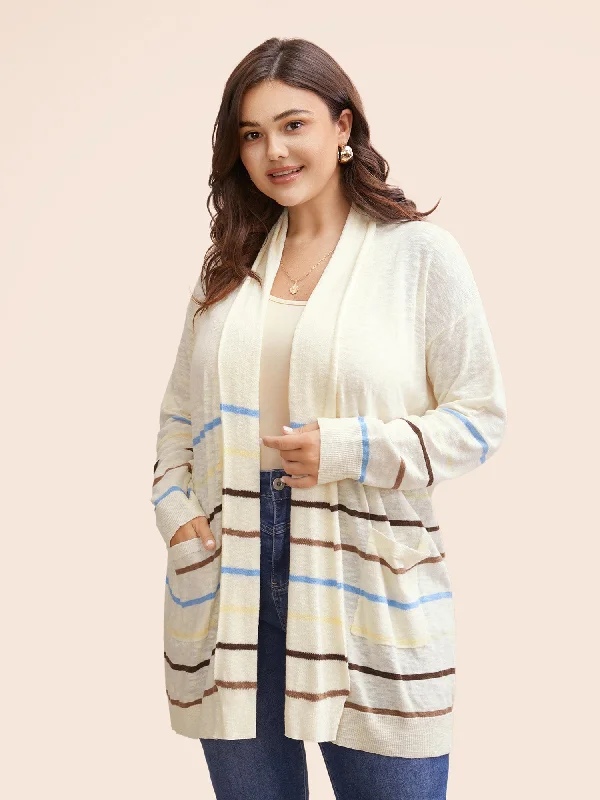 long length women cardigan with side slitsContrast Striped Pocket Open Front Cardigan long length women cardigan with side slitsContrast Striped Pocket Open Front Cardigan