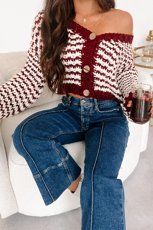 oversized women cardigan for a trendy and cozy lookEasy Aspirations Chunky Striped Cardigan (Burgundy/White) oversized women cardigan for a trendy and cozy lookEasy Aspirations Chunky Striped Cardigan (Burgundy/White)