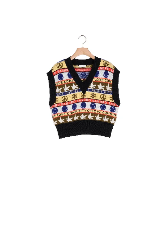 v neck women cardigan to elongate the necklinePull sans manches à motifs