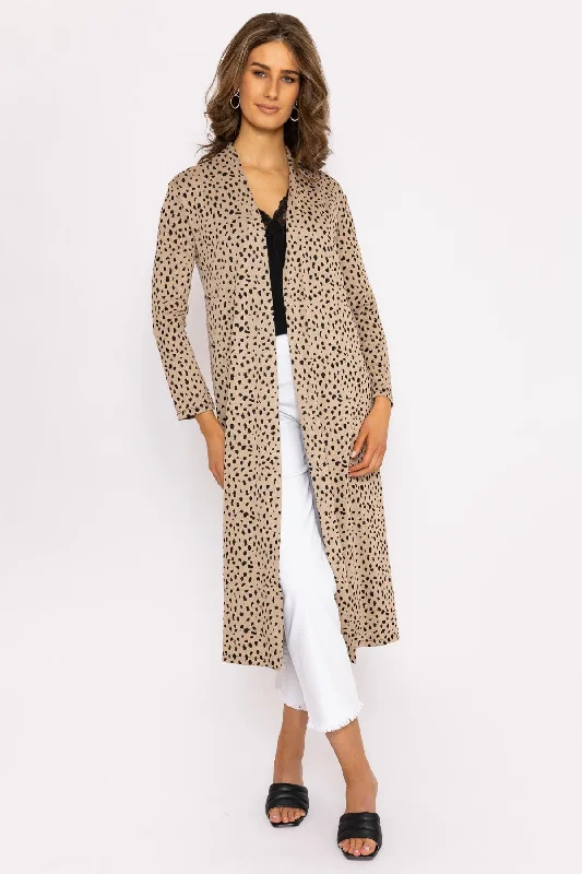 button down women cardigan with vintage buttonsLong Printed Cardigan in Camel