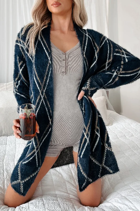 hand knitted women cardigan with artisanal charmPath To Self-Discovery Fuzzy Cardigan (Navy) hand knitted women cardigan with artisanal charmPath To Self-Discovery Fuzzy Cardigan (Navy)