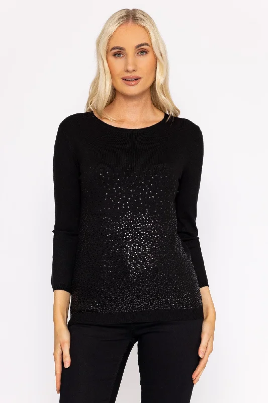 hand knitted women cardigan with artisanal charmSequin Crew Neck 3/4 Sleeve Knit in Black