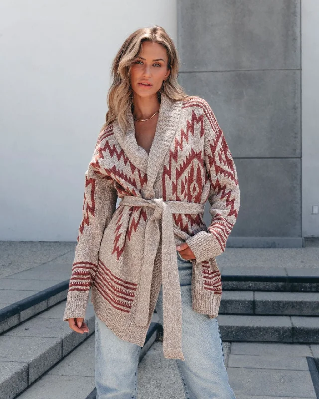 color block women cardigan with bold huesTaupe Aztec Belted Cardigan