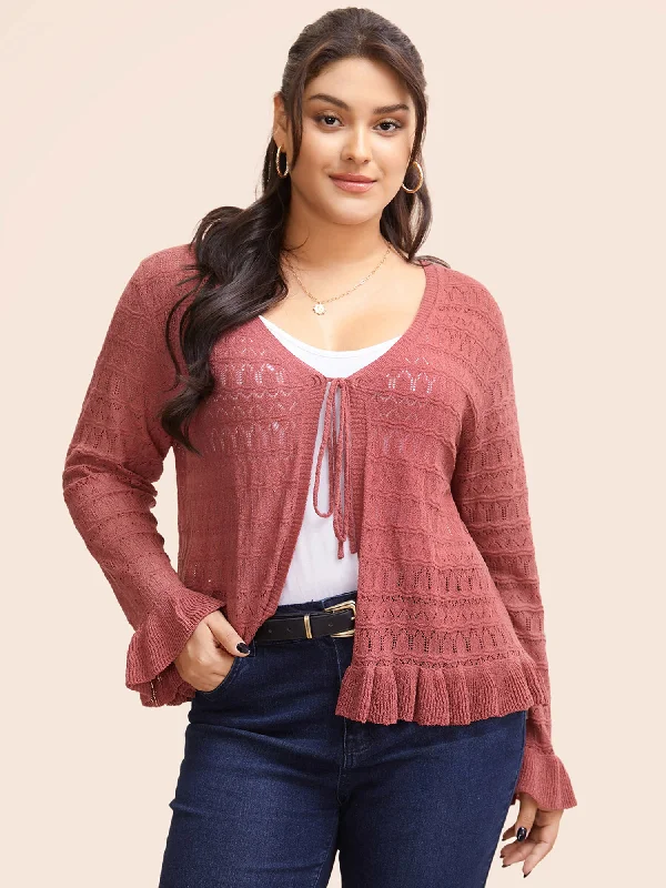 plus size women cardigan for comfortable layeringTexture Ruffles Tie Knot Bell Sleeve Cardigan plus size women cardigan for comfortable layeringTexture Ruffles Tie Knot Bell Sleeve Cardigan