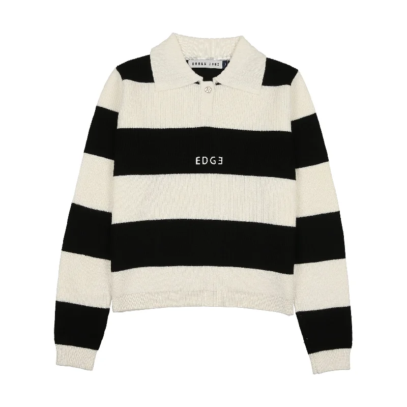 hand knitted women cardigan with artisanal charmUrban Edge Black & White Knit Polo