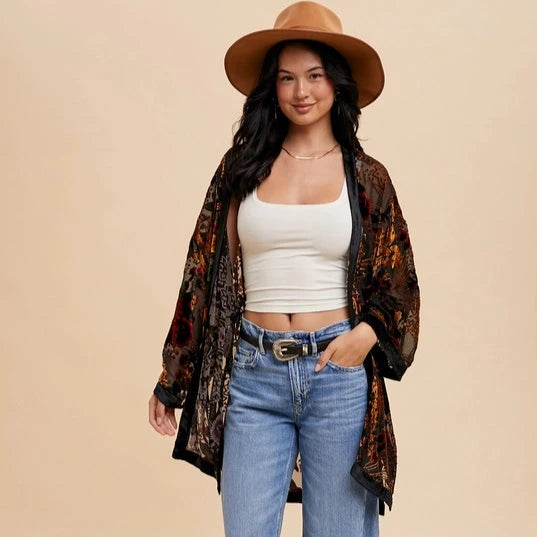 floral print women cardigan for a feminine touchWomen's Floral Velvet Burnout Kimono in Black floral print women cardigan for a feminine touchWomen's Floral Velvet Burnout Kimono in Black