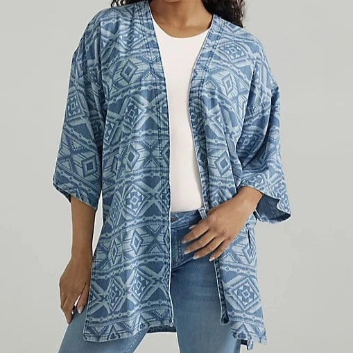 v neck women cardigan to elongate the necklineWrangler Retro Women's Geometric Denim Kimono in Denim Blue v neck women cardigan to elongate the necklineWrangler Retro Women's Geometric Denim Kimono in Denim Blue