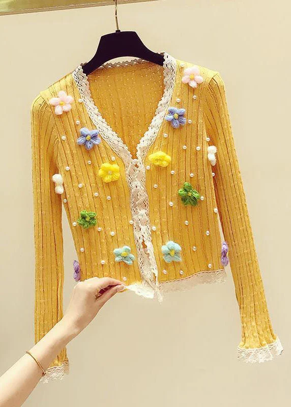 Bell - Sleeve Women's Mohair - Wool Blend SweatersBell - Sleeve Women's Mohair - Wool Blend SweatersArt Yellow V Neck Floral Lace Patchwork Nail Bead Knit Sweater Fall