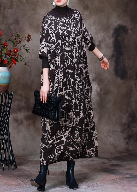 Plus Size Women Dress with a Flattering A - Line Cut for Comfort and StyleBeautiful Black Turtleneck Print Knit Patchwork Long Dress Long Sleeve Plus Size Women Dress with a Flattering A - Line Cut for Comfort and StyleBeautiful Black Turtleneck Print Knit Patchwork Long Dress Long Sleeve