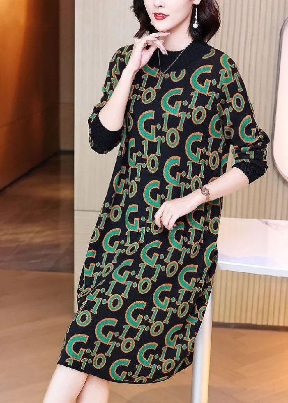 Empire Waist Women Dress to Accentuate the Bust and Conceal the WaistBlack Letter Print Knit Long Knit Dress Oversized Long Sleeve Empire Waist Women Dress to Accentuate the Bust and Conceal the WaistBlack Letter Print Knit Long Knit Dress Oversized Long Sleeve