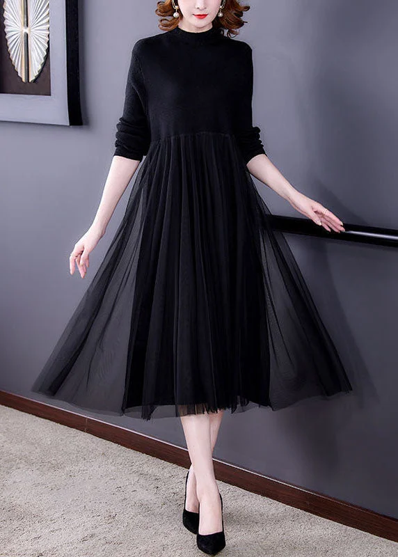 Backless Women Dress for a Sexy and Alluring Look at Evening EventsBlack Patchwork Tulle Knit Long Dress Exra Large Hem Long Sleeve Backless Women Dress for a Sexy and Alluring Look at Evening EventsBlack Patchwork Tulle Knit Long Dress Exra Large Hem Long Sleeve