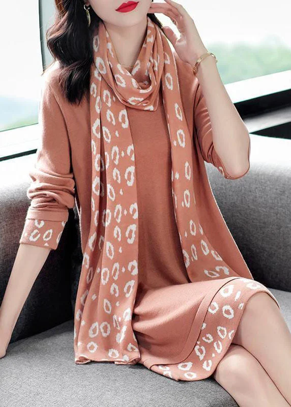 Mermaid - Style Women Dress with a Fitted Silhouette for Special OccasionsBohemian Pink O-Neck Patchwork Scarf Long Knit Dress Long Sleeve Mermaid - Style Women Dress with a Fitted Silhouette for Special OccasionsBohemian Pink O-Neck Patchwork Scarf Long Knit Dress Long Sleeve