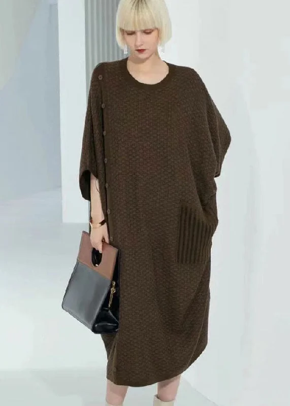 Shift Women Dress with a Simple and Classic Design for Everyday WearBoutique Chocolate O-Neck Patchwork Button Long Wool Knit Dress Bracelet Sleeve Shift Women Dress with a Simple and Classic Design for Everyday WearBoutique Chocolate O-Neck Patchwork Button Long Wool Knit Dress Bracelet Sleeve