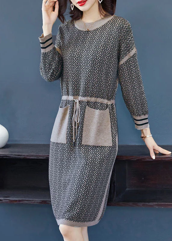 Wrap - Style Women Dress with Adjustable Fit for All Body TypesCamel Patchwork Long Knit Dress Pockets Tie Waist Long Sleeve Wrap - Style Women Dress with Adjustable Fit for All Body TypesCamel Patchwork Long Knit Dress Pockets Tie Waist Long Sleeve