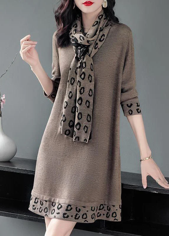 Printed Abstract Women Dress for a Modern and Artistic AppealCamel Print Patchwork Knitted Dress O-Neck Scarf Long Sleeve Printed Abstract Women Dress for a Modern and Artistic AppealCamel Print Patchwork Knitted Dress O-Neck Scarf Long Sleeve