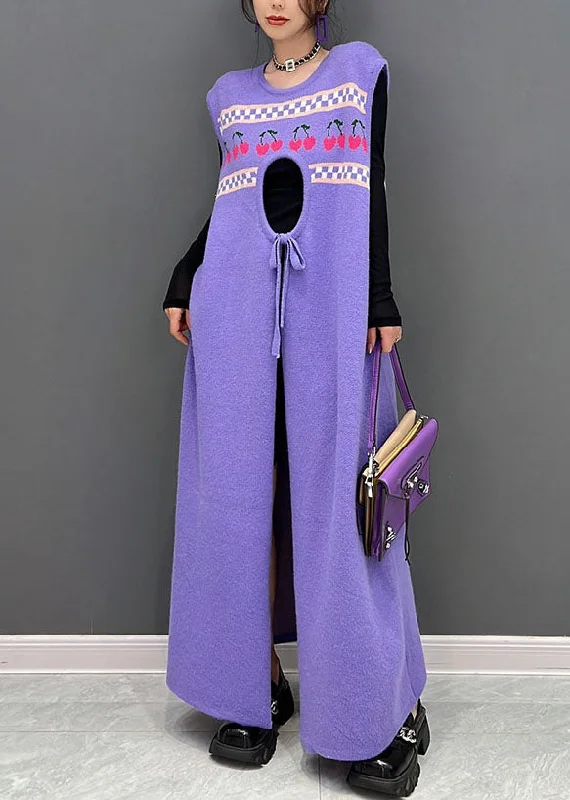 Pleated Women Dress with a Timeless and Elegant TextureCasual Purple Print Side Open Cashmere Knit Long Dresses Sleeveless Pleated Women Dress with a Timeless and Elegant TextureCasual Purple Print Side Open Cashmere Knit Long Dresses Sleeveless
