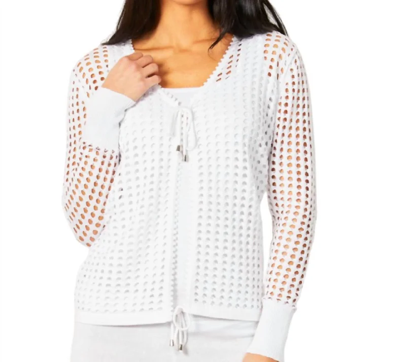 long length women cardigan with side slitsCrochet Tie Up Cardigan In White
