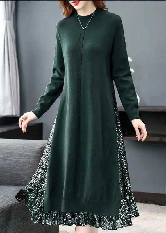 Little Black Women Dress with Sequins for a Glamorous Night OutGreen Patchwork Fake Two Piece Knitwear Dress Stand Collar Side Open Long Sleeve Little Black Women Dress with Sequins for a Glamorous Night OutGreen Patchwork Fake Two Piece Knitwear Dress Stand Collar Side Open Long Sleeve