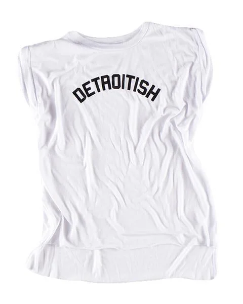 Tie - Dye Women T Shirt with a Bohemian VibeInk Detroit Detroitish Women's Flowy Muscle T-Shirt Rolled Cuff - White Tie - Dye Women T Shirt with a Bohemian VibeInk Detroit Detroitish Women's Flowy Muscle T-Shirt Rolled Cuff - White