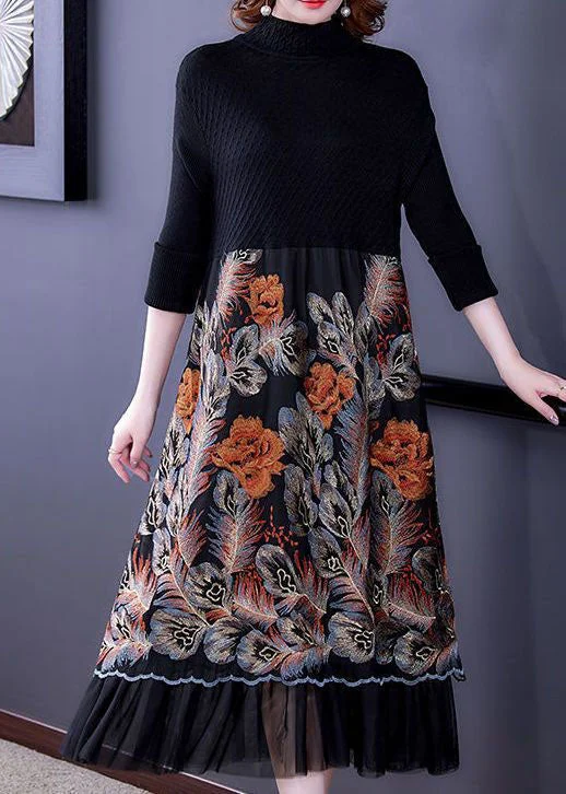 Plus Size Women Dress with a Flattering A - Line Cut for Comfort and StyleItalian Black High Neck Embroideried Patchwork Knit Long Dresses Long Sleeve Plus Size Women Dress with a Flattering A - Line Cut for Comfort and StyleItalian Black High Neck Embroideried Patchwork Knit Long Dresses Long Sleeve