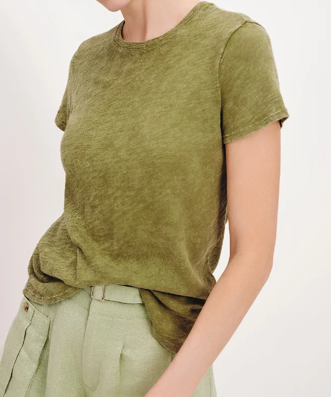 Striped Women T Shirt in a Classic PatternSlub Jersey with Chroma Wash Schoolboy Short Sleeve Crew Neck Tee - Juniper Striped Women T Shirt in a Classic PatternSlub Jersey with Chroma Wash Schoolboy Short Sleeve Crew Neck Tee - Juniper