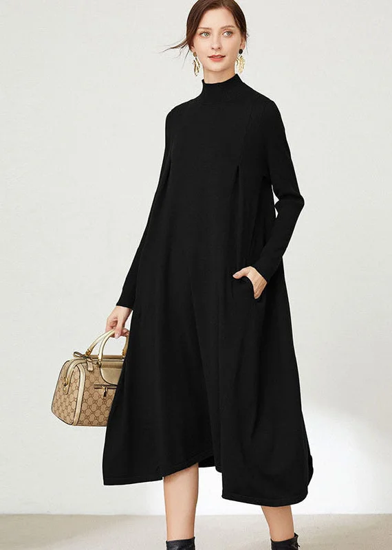 Printed Abstract Women Dress for a Modern and Artistic AppealLoose Black Turtle Neck Solid Color Exra Large Hem Knitwear Dress Long Sleeve Printed Abstract Women Dress for a Modern and Artistic AppealLoose Black Turtle Neck Solid Color Exra Large Hem Knitwear Dress Long Sleeve