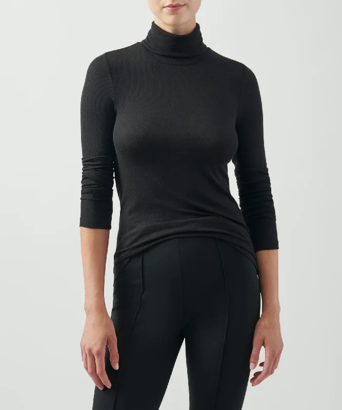 Sleeveless Women T Shirt for Summer ComfortModal Rib Turtleneck - Black