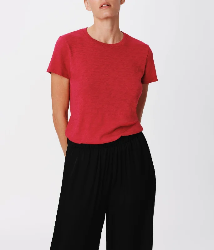 Embroidered Women T Shirt with Intricate DetailsSlub Jersey Schoolboy Short Sleeve Crew Neck Tee - Rubellite Embroidered Women T Shirt with Intricate DetailsSlub Jersey Schoolboy Short Sleeve Crew Neck Tee - Rubellite