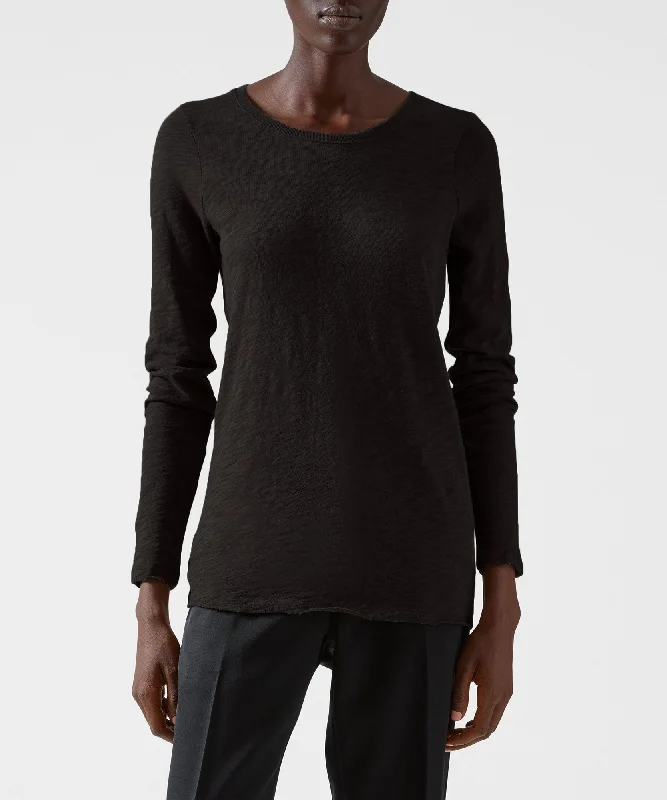 Distressed Women T Shirt with a Laid - Back AestheticSlub Jersey Long Sleeve Destroyed Wash Tee - Black Distressed Women T Shirt with a Laid - Back AestheticSlub Jersey Long Sleeve Destroyed Wash Tee - Black