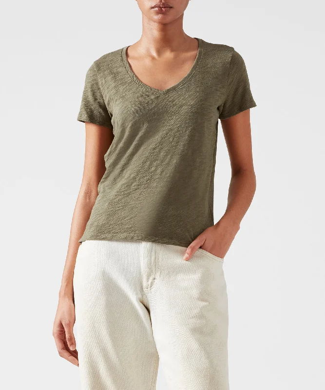 Tie - Dye Women T Shirt with a Bohemian VibeSlub Jersey Schoolboy V-Neck Tee - Army