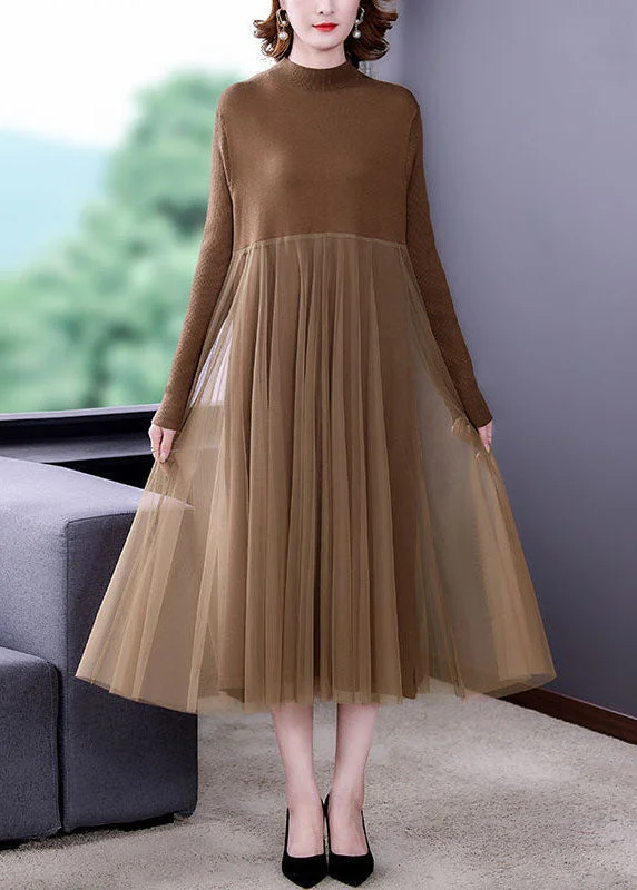 Mini Women Dress with a Short Hem for a Young and Trendy StyleUnique Khaki Stand Collar Tulle Patchwork Knit Long Dress Long Sleeve Mini Women Dress with a Short Hem for a Young and Trendy StyleUnique Khaki Stand Collar Tulle Patchwork Knit Long Dress Long Sleeve