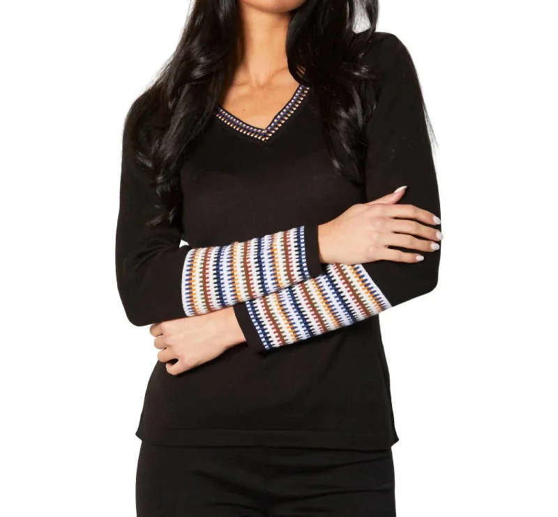 High - Low Hem Women's Cashmere - Blended SweatersV-Neck Sweater In Black/multi