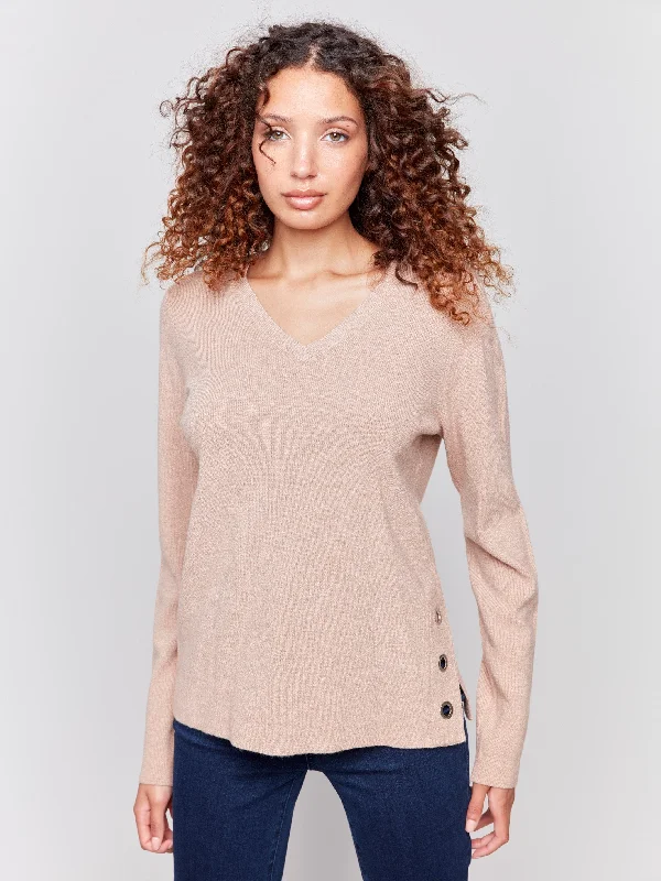 V - Neck Women's Ribbed Wool Sweaters for FallV - Neck Women's Ribbed Wool Sweaters for FallV-Neck Sweater with Grommet Detail - Truffle V - Neck Women's Ribbed Wool Sweaters for FallV - Neck Women's Ribbed Wool Sweaters for FallV-Neck Sweater with Grommet Detail - Truffle