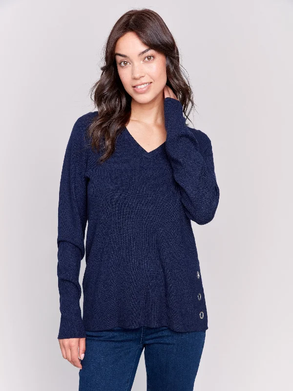 High - Low Hem Women's Cashmere - Blended SweatersHigh - Low Hem Women's Cashmere - Blended SweatersV-Neck Sweater with Grommet Detail - Navy High - Low Hem Women's Cashmere - Blended SweatersHigh - Low Hem Women's Cashmere - Blended SweatersV-Neck Sweater with Grommet Detail - Navy