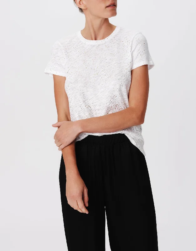 Crew Neck Women T Shirt with a Timeless DesignSlub Jersey with Foil Schoolboy Short Sleeve Crew Neck Tee - White-Gold Crew Neck Women T Shirt with a Timeless DesignSlub Jersey with Foil Schoolboy Short Sleeve Crew Neck Tee - White-Gold
