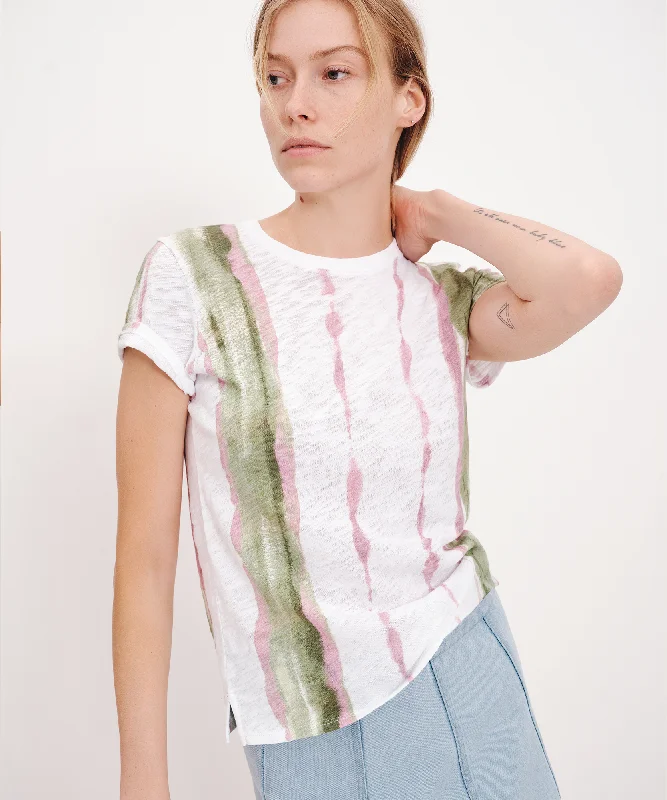 Distressed Women T Shirt with a Laid - Back AestheticSlub Jersey with Paintstroke Schoolboy Short Sleeve Crew Neck Tee - White-Multi Distressed Women T Shirt with a Laid - Back AestheticSlub Jersey with Paintstroke Schoolboy Short Sleeve Crew Neck Tee - White-Multi