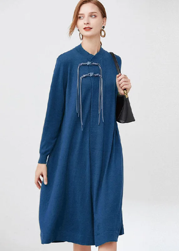 Off - the - Shoulder Women Dress for a Romantic and Feminine LookWomen Blue Stand Collar Wool Knit Long Dresses Long Sleeve Off - the - Shoulder Women Dress for a Romantic and Feminine LookWomen Blue Stand Collar Wool Knit Long Dresses Long Sleeve