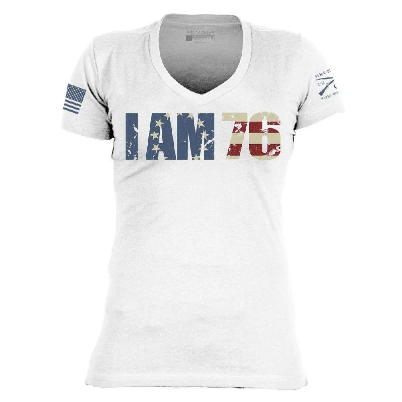 Organic Cotton Women T Shirt for Eco - Conscious WearersWomen's I AM 76 V-Neck - White Organic Cotton Women T Shirt for Eco - Conscious WearersWomen's I AM 76 V-Neck - White
