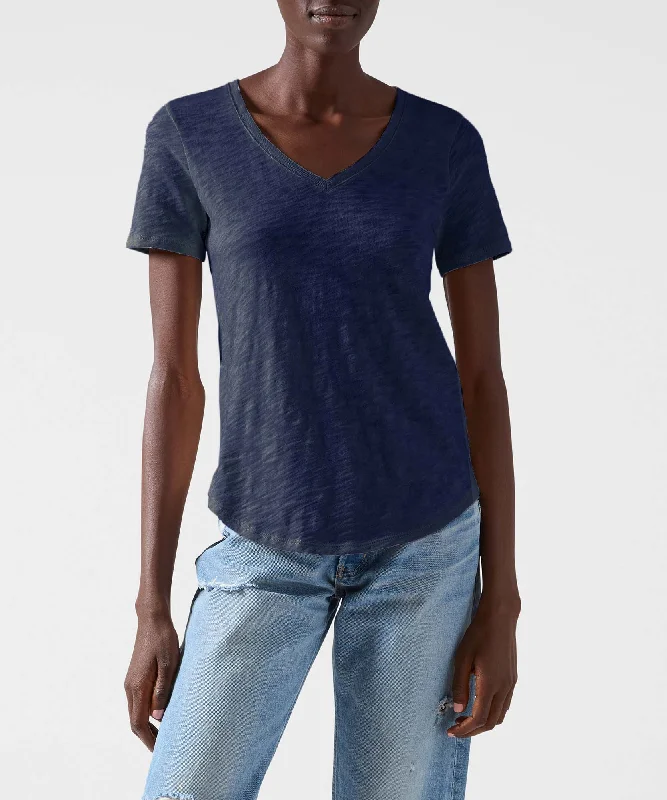 Embroidered Women T Shirt with Intricate DetailsSlub Jersey Classic V-Neck Tee - Midnight Embroidered Women T Shirt with Intricate DetailsSlub Jersey Classic V-Neck Tee - Midnight