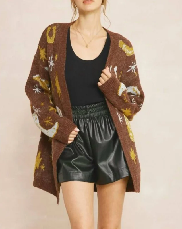 long length women cardigan with side slitsWomen's Westward Cardigan In Brown