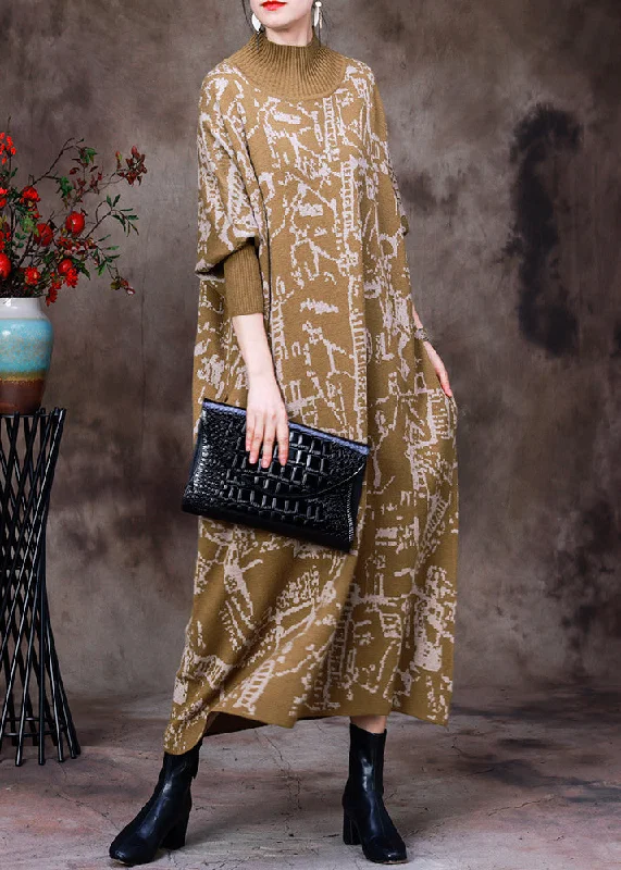 Strapless Women Dress with a Built - in Bra for Comfort and SupportYellow Turtleneck Print Knit Maxi Dress Batwing Sleeve Strapless Women Dress with a Built - in Bra for Comfort and SupportYellow Turtleneck Print Knit Maxi Dress Batwing Sleeve