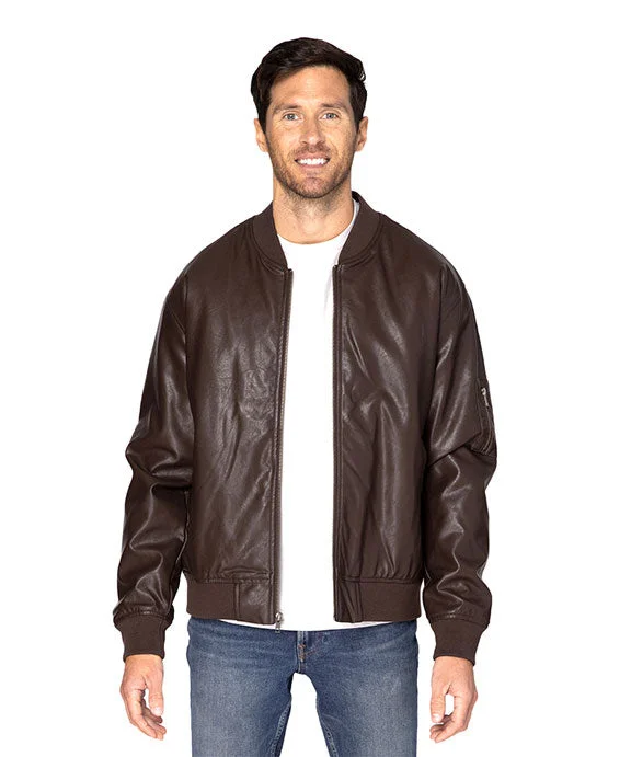 Women's long - sleeve cropped sweatshirt with ribbed cuffs for a snug fit395J - Threadfast Apparel Unisex Bomber Jacket | Brown Vegan Leather Women's long - sleeve cropped sweatshirt with ribbed cuffs for a snug fit395J - Threadfast Apparel Unisex Bomber Jacket | Brown Vegan Leather