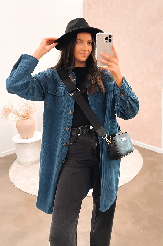Women's faux fur - trimmed denim jackets for a trendy and cozy styleAlyssa Cord Shacket Teal Blue Women's faux fur - trimmed denim jackets for a trendy and cozy styleAlyssa Cord Shacket Teal Blue