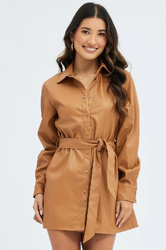 Empire Waist Women Dress to Accentuate the Bust and Conceal the WaistBeige Faux Leather Dress Long Sleeve Collared Belted PU Empire Waist Women Dress to Accentuate the Bust and Conceal the WaistBeige Faux Leather Dress Long Sleeve Collared Belted PU