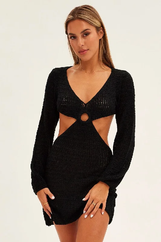 Long - Sleeve Women Dress in Velvet for a Luxurious Winter LookBlack Crochet Long Sleeve Mini Cut Out Dress Long - Sleeve Women Dress in Velvet for a Luxurious Winter LookBlack Crochet Long Sleeve Mini Cut Out Dress