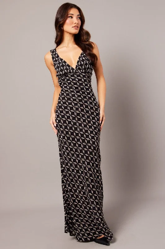 Mini Women Dress with a Short Hem for a Young and Trendy StyleBlack Geo Slip Dress Maxi Mini Women Dress with a Short Hem for a Young and Trendy StyleBlack Geo Slip Dress Maxi