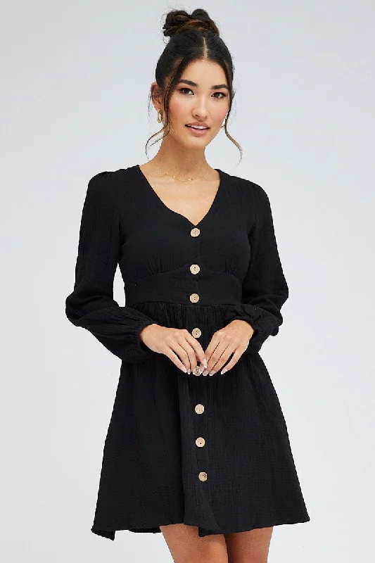 Mini Women Dress with a Short Hem for a Young and Trendy StyleBlack Long Sleeve Button Front Dress Mini Women Dress with a Short Hem for a Young and Trendy StyleBlack Long Sleeve Button Front Dress