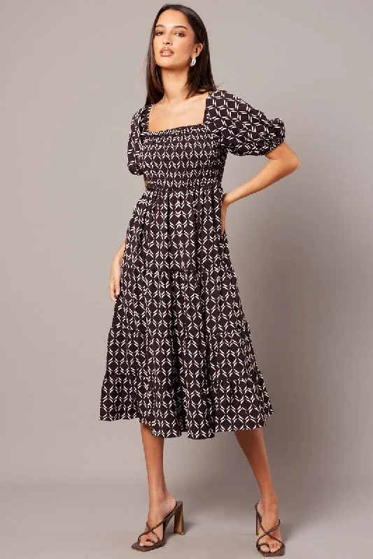 Plus Size Women Dress with a Flattering A - Line Cut for Comfort and StyleBrown Geo Midi Dress Puff Sleeve Shirred Bust Plus Size Women Dress with a Flattering A - Line Cut for Comfort and StyleBrown Geo Midi Dress Puff Sleeve Shirred Bust